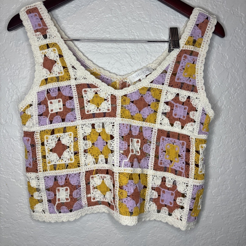 NEW Rebellion Crochet Granny Square Crop Top Size Medium 70's Boho‎ Patchwork, S
